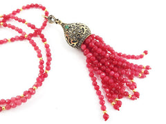 Ethnic Turkish Gemstone Tassel Necklace - Strawberry Red Facet Jade