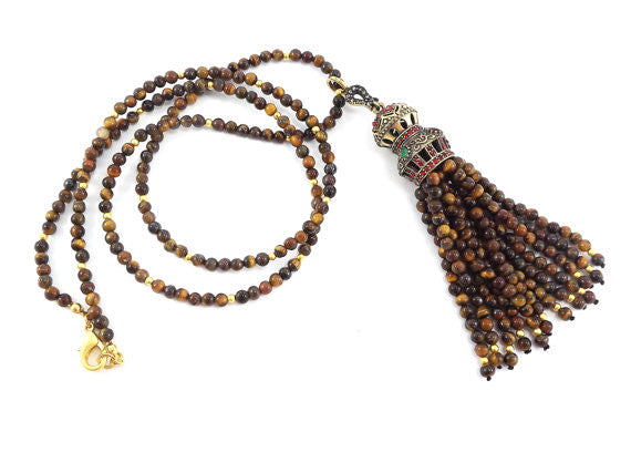Ethnic Turkish Gemstone Tassel Necklace -  Brown Tiger Eye Stone