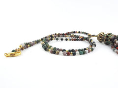 Ethnic Turkish Gemstone Tassel Necklace -  Deep Green Flower Jade Stone