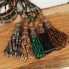 Ethnic Turkish Gemstone Tassel Necklace - Beige Jasper Stone