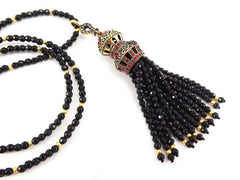 Ethnic Turkish Gemstone Tassel Necklace -  Black Facet Cut Onyx Stone