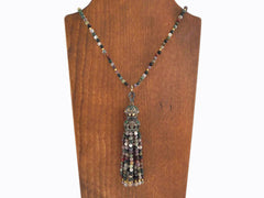 Ethnic Turkish Gemstone Tassel Necklace -  Deep Green Flower Jade Stone