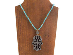 Sparkly Hamsa Hand of Fatima Rhinestone and Gemstone Necklace -  Aqua Blue Jade Stone