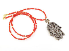 Sparkly Hamsa Hand of Fatima Rhinestone and Gemstone Necklace -  Orange Jade Stone