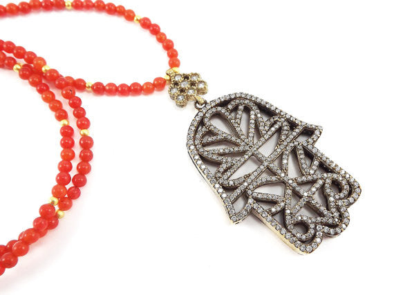 Sparkly Hamsa Hand of Fatima Rhinestone and Gemstone Necklace -  Orange Jade Stone