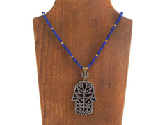 Sparkly Hamsa Hand of Fatima Rhinestone and Gemstone Necklace -  Royal Blue Jade Stone