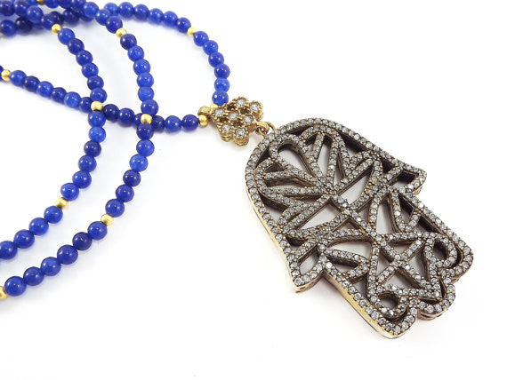 Sparkly Hamsa Hand of Fatima Rhinestone and Gemstone Necklace -  Royal Blue Jade Stone