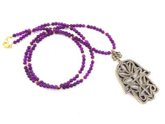 Sparkly Hamsa Hand of Fatima Rhinestone and Gemstone Necklace -  Royal Purple Jade Stone
