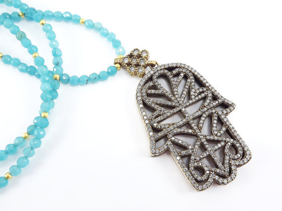 Sparkly Hamsa Hand of Fatima Rhinestone and Gemstone Necklace -  Aqua Blue Jade Stone