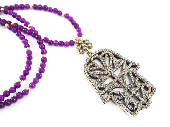Sparkly Hamsa Hand of Fatima Rhinestone and Gemstone Necklace -  Royal Purple Jade Stone