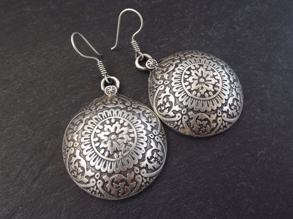 Mandala Dome Statement Tribal Ethnic Silver Earrings - Authentic Turkish Style