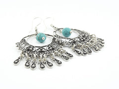 Filigree Chandelier Statement Tribal Ethnic Silver Earrings - Facet Turquiose Cut Drop Charms - Authentic Turkish Style