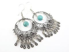 Filigree Chandelier Statement Tribal Ethnic Silver Earrings - Facet Turquiose Cut Drop Charms - Authentic Turkish Style