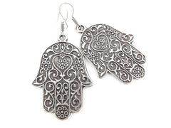 Hamsa Hand of Fatima Statement Tribal Ethnic Silver Earrings - Authentic Turkish Style