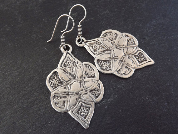 Ethnic Etched Marquise Shape Tribal Silver Earrings - Authentic Turkish Style