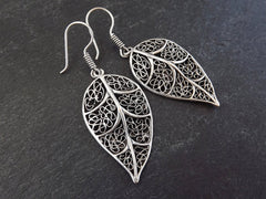 Filigree Skeleton Leaf Ethnic Silver Earrings - Authentic Turkish Style