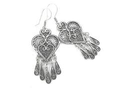 Heart Shaped Telkari Dangly Silver Ethnic Boho Earrings - Authentic Turkish Style