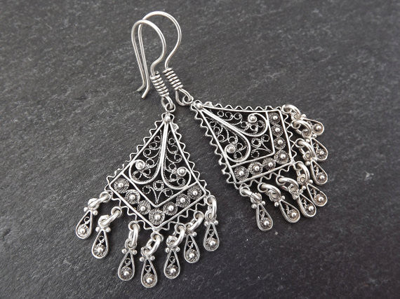 Diamond Fan Shaped Telkari Dangly Silver Ethnic Boho Earrings - Authentic Turkish Style