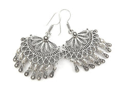 Scallop Fan Shaped Telkari Dangly Silver Ethnic Boho Earrings - Authentic Turkish Style