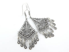 Diamond Fan Shaped Telkari Dangly Silver Ethnic Boho Earrings - Authentic Turkish Style