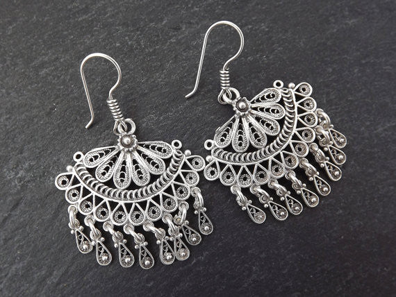 Scallop Fan Shaped Telkari Dangly Silver Ethnic Boho Earrings