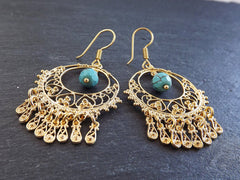 Filigree Chandelier Statement Tribal Ethnic Gold Earrings - Facet Turquiose Cut Drop Charms - Authentic Turkish Style