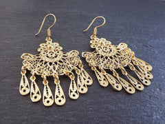 Fan Shaped Telkari Dangly Gold Ethnic Boho Earrings - Authentic Turkish Style