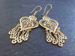 Heart Shaped Telkari Dangly Gold Ethnic Boho Earrings - Authentic Turkish Style