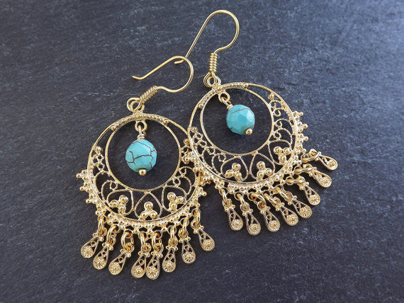 Filigree Chandelier Statement Tribal Ethnic Gold Earrings - Facet Turquiose Cut Drop Charms - Authentic Turkish Style