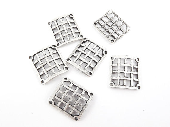 6 Curved Square Weave Connectors - Matte Antique Silver Plated