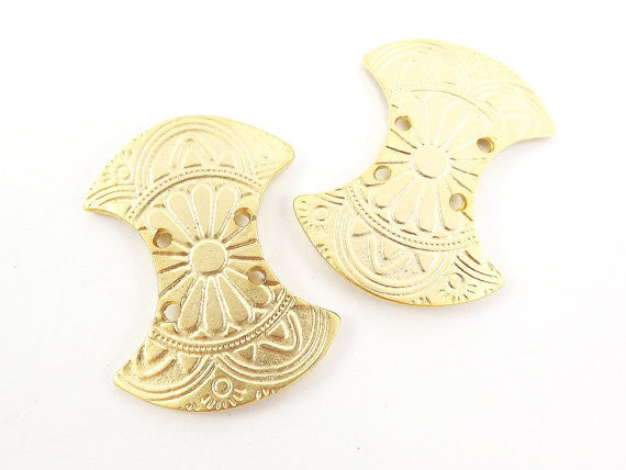 2 Double Concave Curved Etched Tribal Connector - 22k Matte Gold Plated