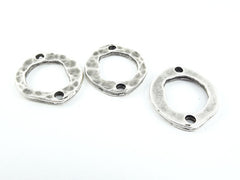 3 Organic Hammered Connector Ring Closed Loop Pendant with Holes - Matte Antique Silver Plated