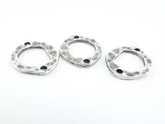 3 Organic Hammered Connector Ring Closed Loop Pendant with Holes - Matte Antique Silver Plated