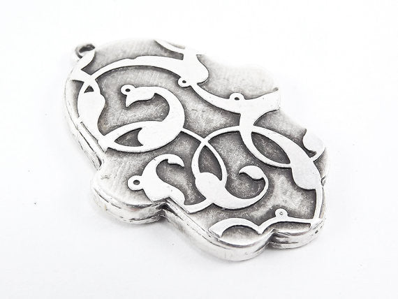 Floral Hamsa Hand of Fatima Pendant Tray Cabochon Setting - Flat Edge - Matte Anitque Silver Plated