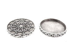 Round Ottoman Inspired Pendant Tray Cabochon Setting - Flat Edge - Matte Antique Silver Plated - 1pc
