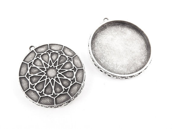 Round Ottoman Inspired Pendant Tray Cabochon Setting - Flat Edge - Matte Antique Silver Plated - 1pc
