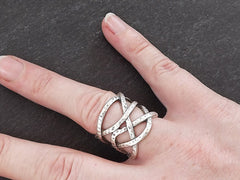 Gamze Weave Adjustable Silver Ethnic Tribal Boho Geometric Statement Ring - Authentic Turkish Style
