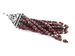 Long Red Picasso Beaded Tassel with Antique Matte Silver Plated Filigree cap - Czech Fire-Polished Faceted Glass - 1pc