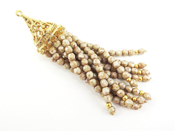 Long Creamy Beige Picasso Beaded Tassel with 22k Matte Gold Plated Filigree cap - Czech Fire-Polished Faceted Glass - 1pc
