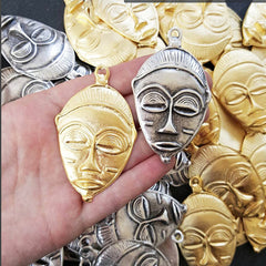 Large Tribal Mask Pendant Connector Matte Antique Silver Plated - 1PC