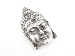 Large Buddha Face Pendant Connector Matte Antique Silver Plated - 1PC