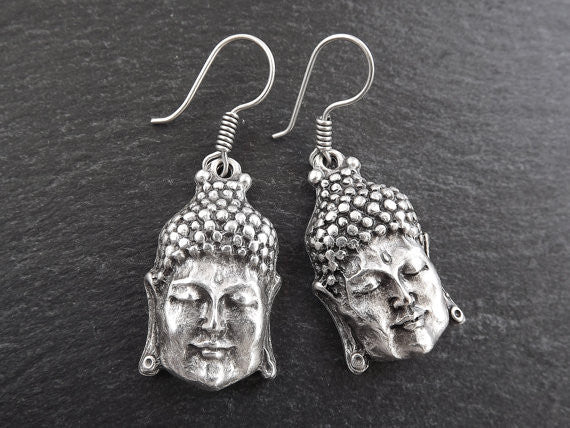 Buddha Ethnic Silver Earrings - Buddhist Yoga Namaste Jewelry
