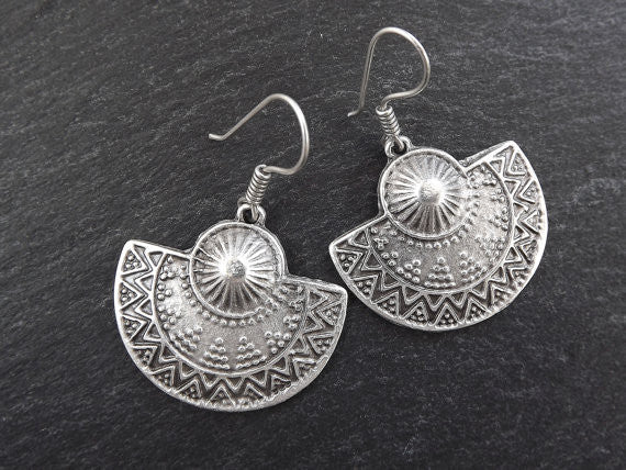 2 Pieces Antique Silver Ethnic Tribal Earring Findings with Earring Hooks.  (37x29x1mm) - 8134