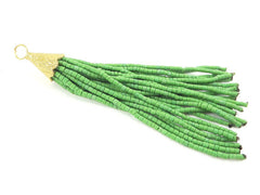 Absinthe Green Afghan Tibetan Heishi Tube Beaded Tassel - Handmade - Textured 22k Matte Gold Plated Cap - 92mm = 3.62inches -1PC