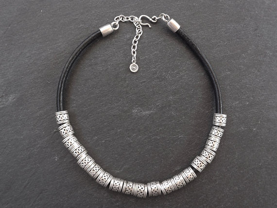 Rustic Slider Bead Silver & Leather Statement Necklace - Authentic Turkish Style