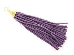 Shadow Purple Afghan Tibetan Heishi Tube Beaded Tassel - Handmade - Textured 22k Matte Gold Plated Cap - 92mm = 3.62inches -1PC