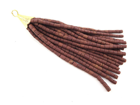 Brown Afghan Tibetan Heishi Tube Beaded Tassel - Handmade - Textured 22k Matte Gold Plated Cap - 92mm = 3.62inches -1PC