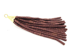 Brown Afghan Tibetan Heishi Tube Beaded Tassel - Handmade - Textured 22k Matte Gold Plated Cap - 92mm = 3.62inches -1PC