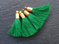 Mini Emerald Green Soft Thread Tassels Earring Bracelet Tassel Fringe Turkish Findings - 22k Matte Gold Plated Cap - 26mm - 4pc - NEW CAP