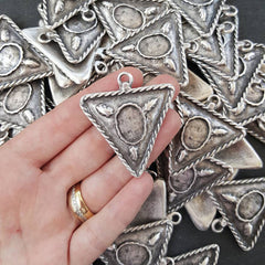Rustic Cast Tribal Triangle Minimalist Geometric Pendant - Matte Antique Silver Plated